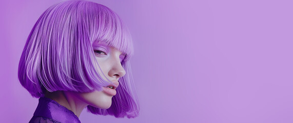 Naklejka premium Young model with a fashion purple haircut. Ideal content for hair salons, hairtrends, hairdresser concept.