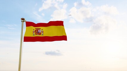 Flag of Spain waving in the wind, sky and sun background. Spain Flag.	
