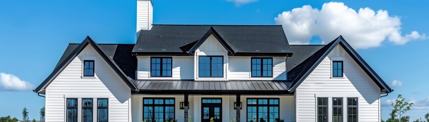 Obraz premium A large white house with a white roof and a white porch. The house is surrounded by a lush green lawn and a garden with colorful flowers. Scene is peaceful and inviting
