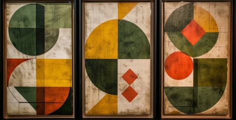 Fototapeta premium Green, orange, and yellow circles and rectangles make up a set of three abstract geometric wall art panels