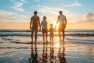A heartwarming image of a family walking hand-in-hand along a beach at sunset. The silhouettes are beautifully highlighted against the glowing orange and pink sky, reflecting on the wet sand.