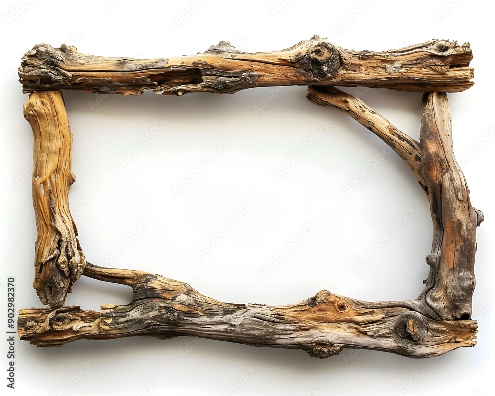 Poster Rustic Driftwood Frame with Natural Textures on White Background