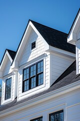 A large white house with a white roof and a white porch. The house is surrounded by a lush green lawn and a garden with colorful flowers. Scene is peaceful and inviting