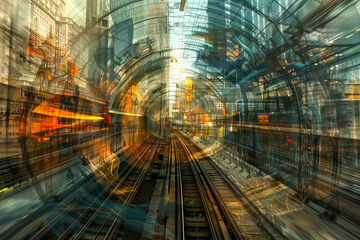 Urban Flow: Abstract and vibrant, this image captures the energy of a modern city through the lens of a train station, where light, steel, and motion converge.