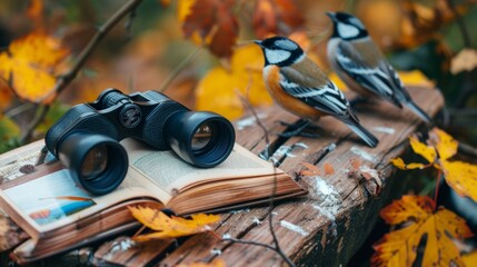 Exploring Nature With Binoculars and a Bird Guidebook Amidst Autumn Foliage