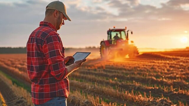 Standing in a farm field with a tractor and other machinery, a farmer uses a tablet to seed the land.