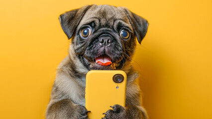 Funny puppy dog shocked hold yellow mobile cell phone isolated on yellow background. Cute dog holds phone surprised shopping concept. For advert, poster, app, web, sale