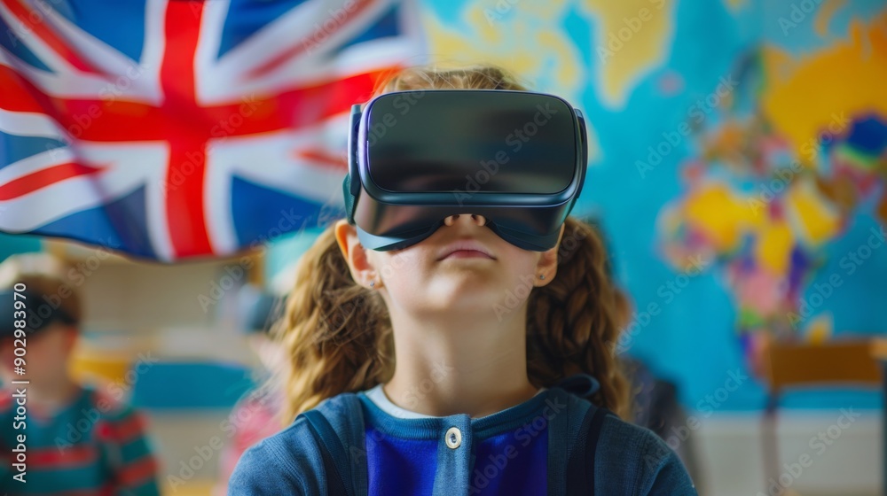 Poster a young girl experiences virtual reality in a classroom decorated with a world map and a union jack 