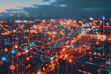 Orange neural brain over a cityscape representing advanced technology and urban innovation in a digital setting.