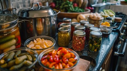 Autumn Canning Session With Colorful Vegetables and Preserving Jars in Cozy Kitchen