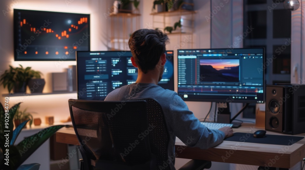 Poster a person edits video content on dual monitors in a stylish home office illuminated by soft lighting.