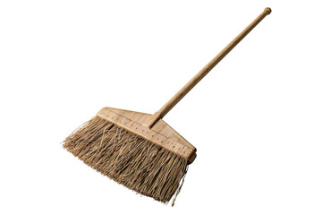 A plain straw broom with a wooden handle, isolated on a transparent background. Ideal for cleaning or sweeping purposes in a rustic or domestic setting.