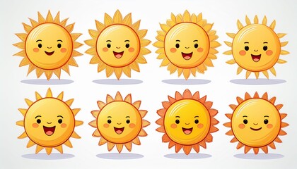Cute Sun vector illustration set. Sun with different rays and emotions. Children's flat illustration. Sunshine clip art graphics Hand-drawn Digital Illustrations. White isolated background.