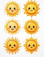 Cute Sun vector illustration set. Sun with different rays and emotions. Children's flat illustration. Sunshine clip art graphics Hand-drawn Digital Illustrations. White isolated background.