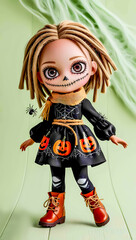 Naklejka premium Adorable Halloween Doll with Spider Accents and Pumpkin Dress: Delightful Seasonal Collectible Perfect for Halloween Promotional and Marketing Materials, Children's Book Art, Festive Decor Inspiration