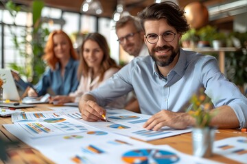 Strategic Planning in Action: A confident professional leads his team through financial data, fostering collaboration and innovation in a modern office setting. 