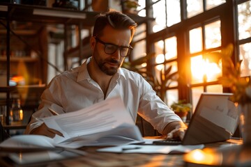 Obraz premium Golden Hour Hustle: Focused entrepreneur analyzes documents by the warm glow of sunset, showcasing the dedication and drive of modern business.