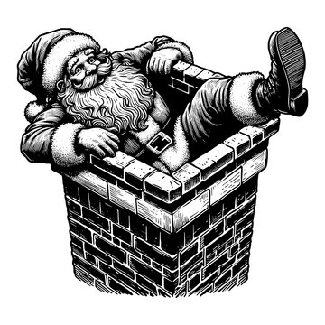 recommend clip art: Santa Claus humorously stuck in chimney with his legs dangling out, playful scene sketch engraving generative ai fictional character PNG illustration. Scratch board imitation. Black and white image
