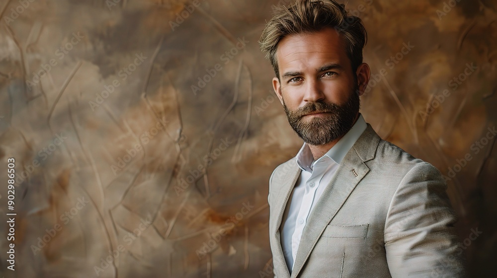 Wall mural The Unwavering Gaze: A portrait of a confident businessman in a beige suit, set against a textured brown backdrop.