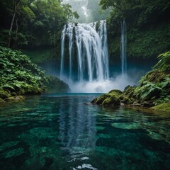 Obraz premium a towering waterfall cascading into a crystal-clear pool, surrounded by lush green foliage and mist rising from the water.