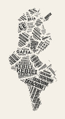 Tunisia Word Cloud. Country with regions division. Tunisia typographic text clouds vector image design. Vintage gazette style country shape image. Elegant vector illustration.