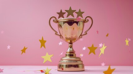 Fototapeta premium A gold trophy with three stars on top of it. The trophy is surrounded by a lot of glittery stars