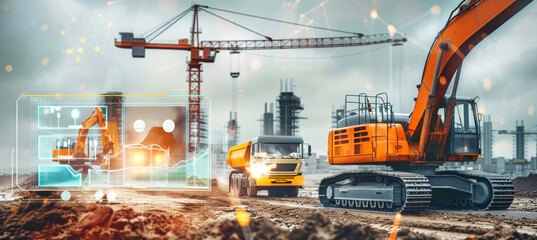 A construction site with a large excavator, dump truck, and cranes in the background. A holographic display shows graphs and icons for smart construction management