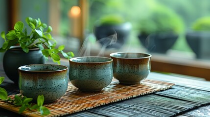 Enjoy a calming atmosphere with steaming tea in handcrafted cups, surrounded by vibrant greenery at a serene retreat.