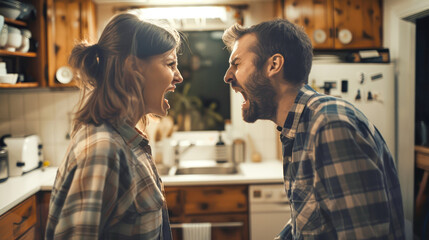 Obraz premium A young couple faces off in their kitchen, passionately arguing as emotional tension fills the air, showcasing raw feelings and conflict