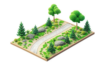 Isometric forest scene with a winding road, evergreen trees, and lush greenery, illustrating a tranquil natural landscape.