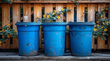 Naklejka premium Three Blue Trash Cans Against a Wooden Fence