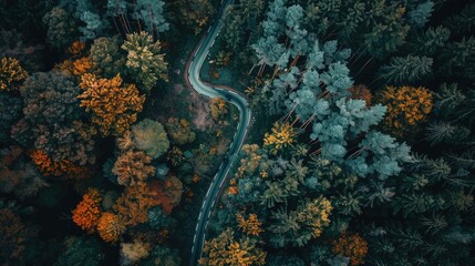 Aerial perspective of a forest with a winding road, highlighting the contrast between nature and the man-made path.