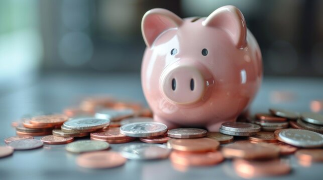 The image showcases a pink piggy bank amidst several neat piles of coins. The background is minimalist, providing ample copy space for additional text or design elements. The piggy bank's round shape