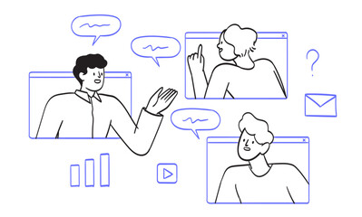 Video conference call. Group of people talk with colleague, partners or team members through application. Online meeting or education webinar. Employees discuss project presentation and planning work.