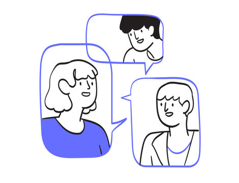 Video conference call. Group of people talk with colleague, partners or team members through application. Online meeting or education webinar. Employees discuss project presentation and planning work.