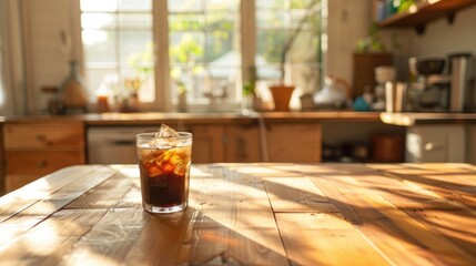 A glass of iced coffee sits on a wooden table in a kitchen