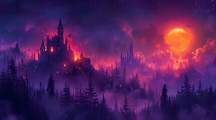 Fototapeta premium Eerie Castle Shrouded in Mist Under Moonlit Sky With Fiery Glow at Dusk