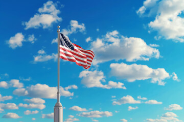 Tattered American flag against blue sky with white clouds in rural Minnesota USA