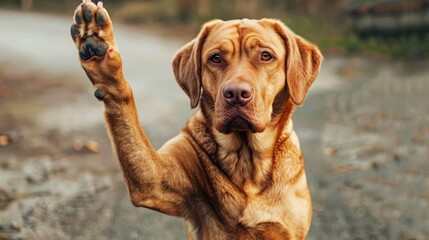 A dog is waving its paw in the air