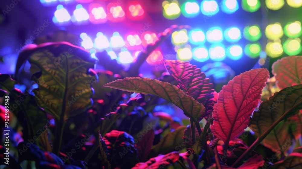 Poster plant leaves illuminated by a grid of multicolored lights.