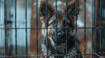 A dog is looking out of a cage