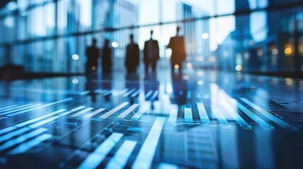 Fototapeta premium Abstract Blue Background with Silhouettes of Business People and Data Visualization