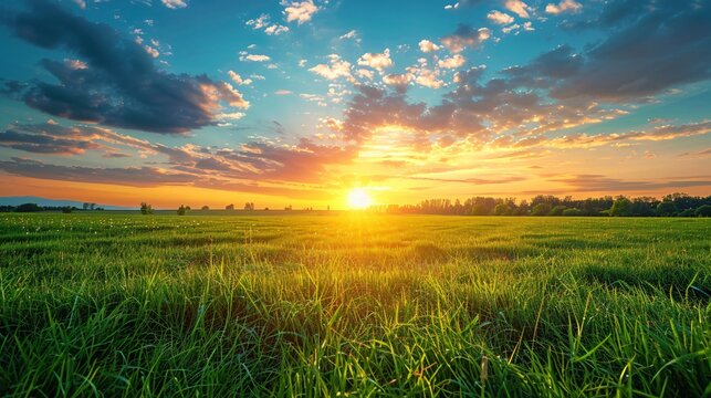 A breathtaking sunset casts warm hues over a lush green field, creating a serene landscape filled with gentle ripples of grass