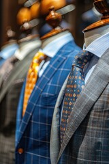 Obraz premium A row of suits and ties are displayed in a store. The suits are all different colors and styles, and the ties are also varied. Scene is that of a professional and polished appearance, with the suits
