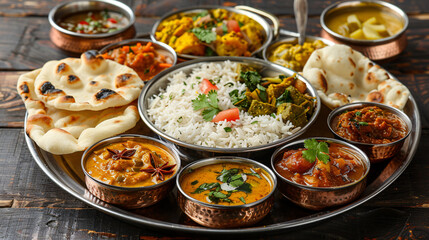 Vibrant Indian Thali with Assorted Curries and Bread Spread on a Wooden Tray, Copy Space for Text