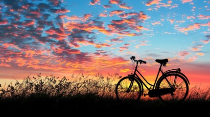 Naklejka premium Bicycle silhouetted against a colorful sunset, creating a serene and picturesque scene.