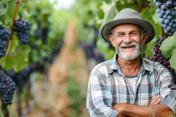 Obraz premium Senior winemaker smiling with crossed arms in vineyard
