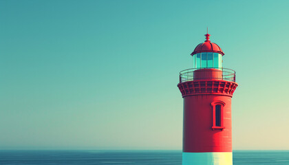 Fototapeta premium Red and white lighthouse on a summer day with clear blue sky and vibrant coastline, suitable for travel and maritime themes.