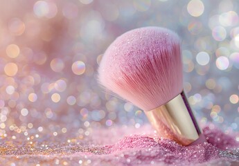 Make-up brush with pink powder on glitter background, closeup. Beauty product and cosmetics concept. Pastel colors, soft light, pink, 