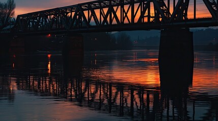 Fototapeta premium Bridge silhouette at dusk, with the water reflecting the fading light, creating a serene and picturesque scene.